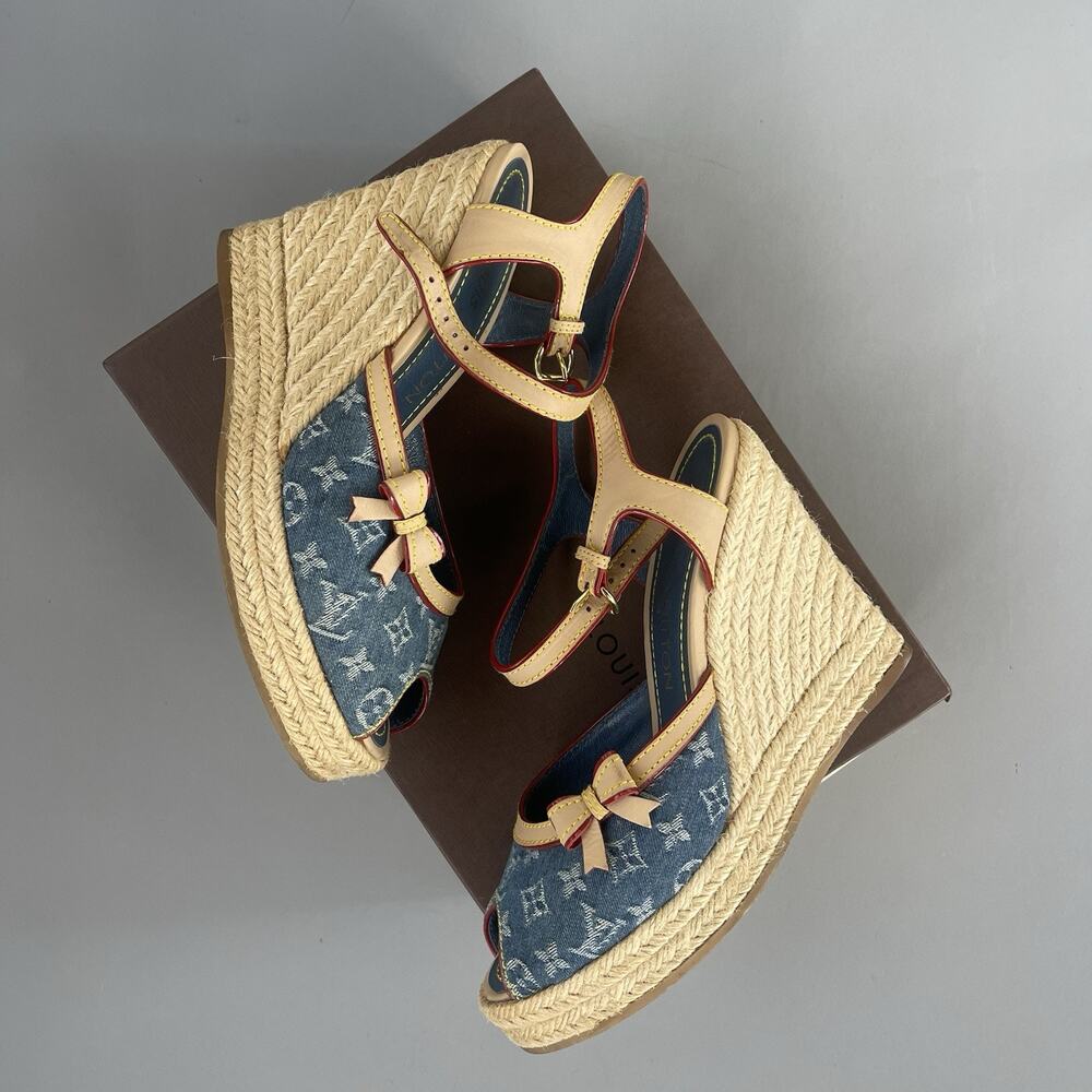 Louis Vuitton Denim Logo Monogram Espadrilles Wedge Sandals Shoes Blue EU 36